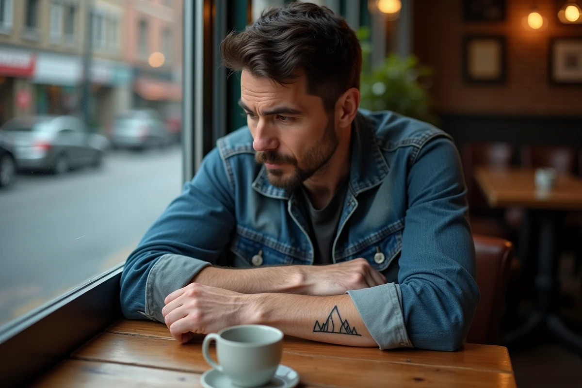 Homme au café avec tatouage de montagne sur le bras