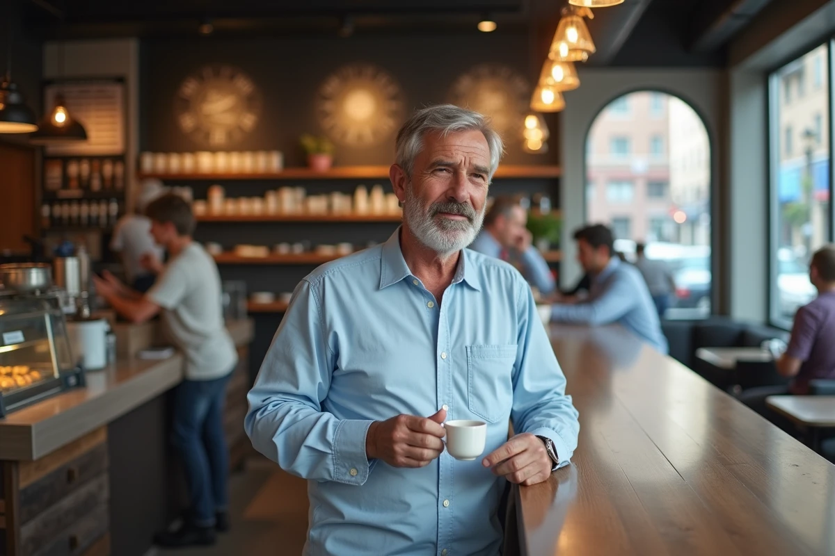 Homme souriant avec café à emporter dans un café animé