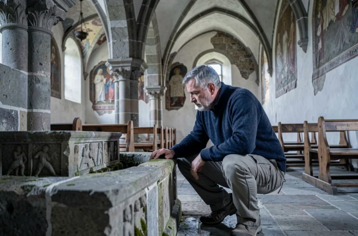 Homme examinant les sculptures d'une chapelle romane abandonnée en Bourgogne lors d'une exploration de lieux insolites