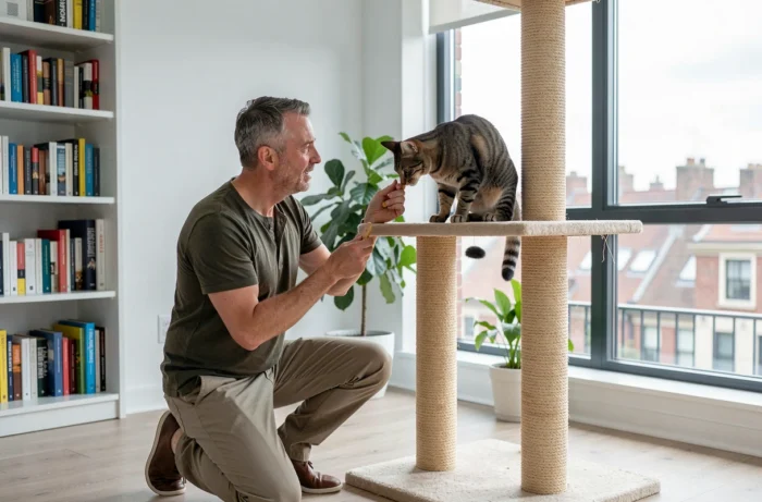 Homme qui offre une friandise à son chat tabby sur un arbre à chat dans un appartement moderne