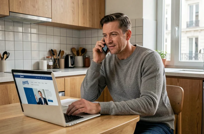 Homme contactant un conseiller ANTS depuis son domicile via téléphone et ordinateur portable pour résoudre une démarche administrative en ligne