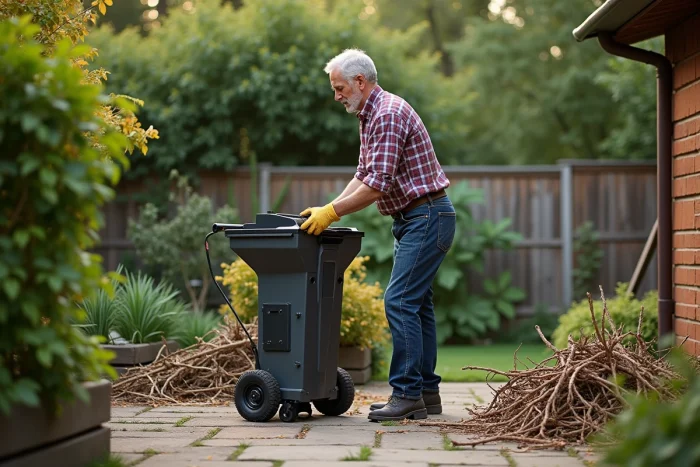Homme en jeans et chemise checkered utilisant un broyeur de jardin