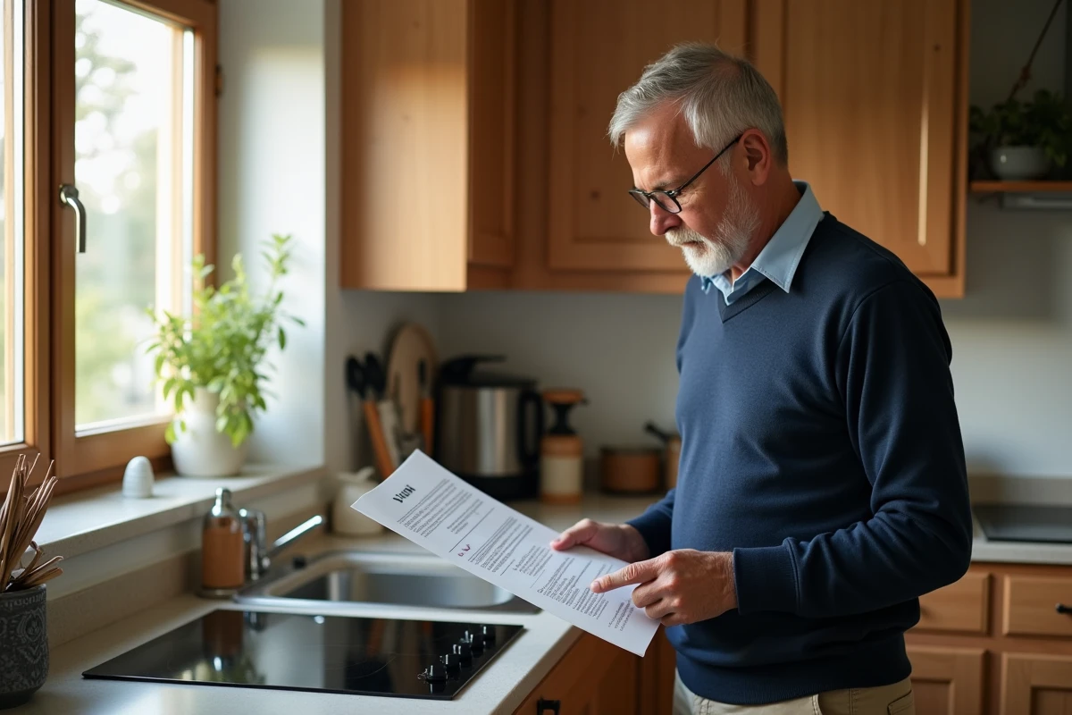 Homme lit un manuel de cuisine dans une cuisine chaleureuse