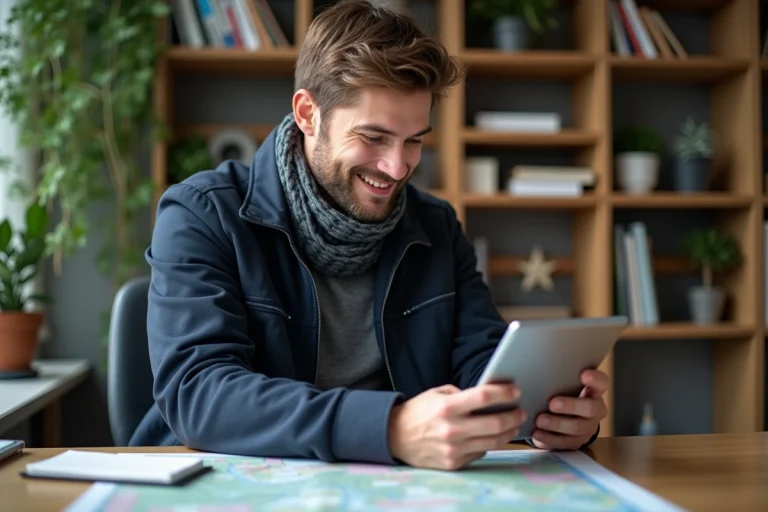 Homme concentré utilisant Géoportail sur tablette dans un bureau