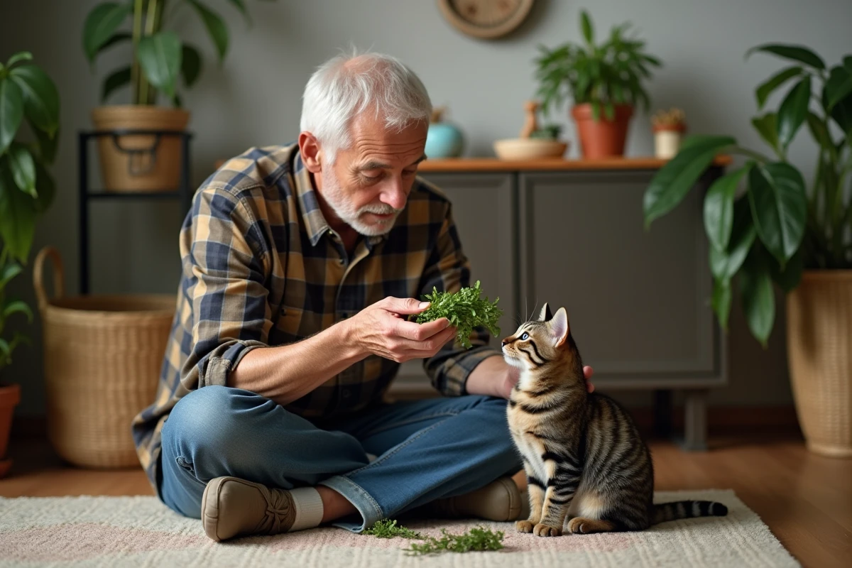 Homme age offrant des herbes a un chat dans le salon