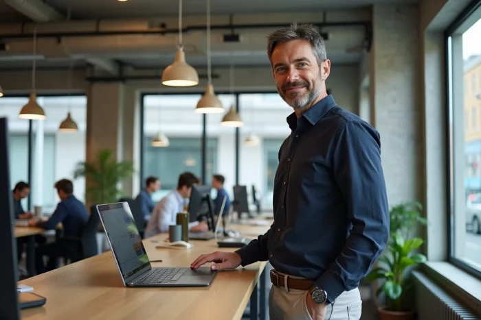 Homme d'affaires consultant des outils web sur un ordinateur portable dans un espace de coworking contemporain