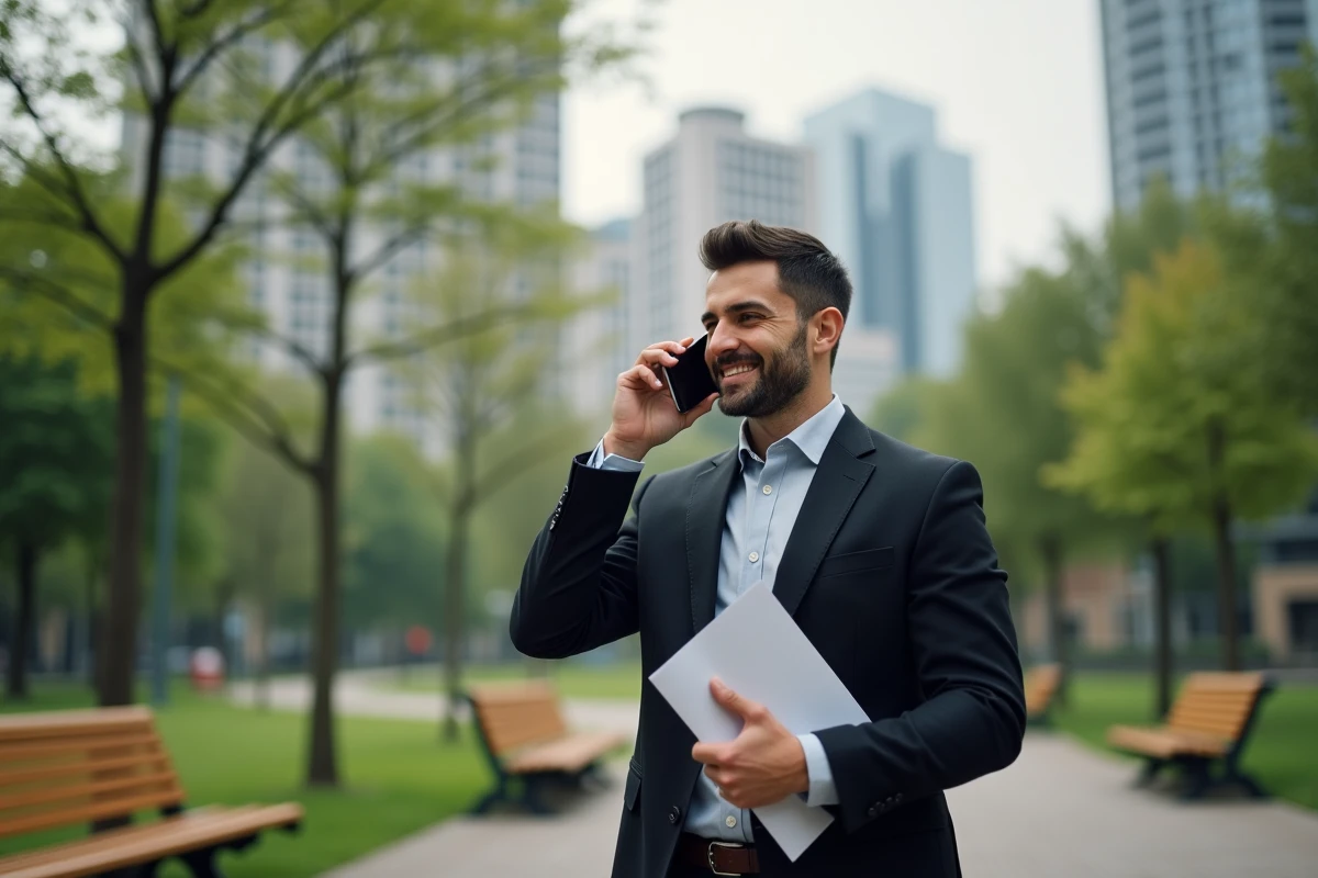 Homme en ville parlant au téléphone dans un parc