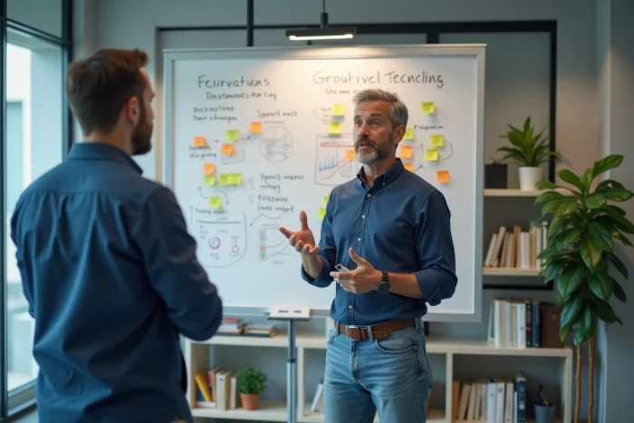 Homme actif planifiant un changement de carrière devant un tableau blanc dans un bureau moderne