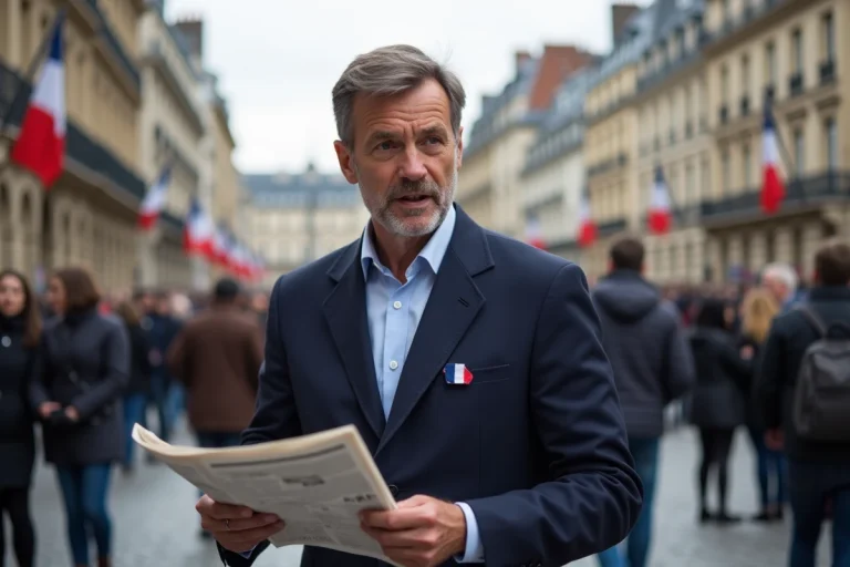 Homme politique français parlant dans une place parisienne