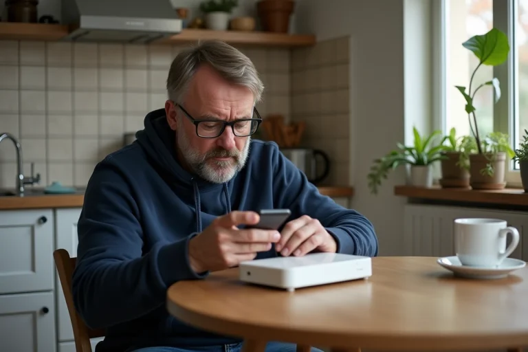 Homme d'âge moyen examinant un routeur WiFi à la maison
