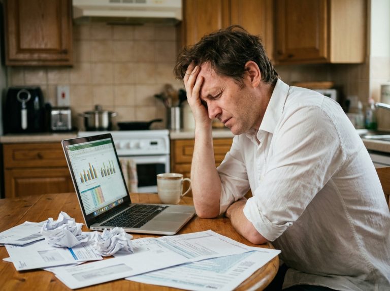 Homme stressé assis à la table de cuisine entouré de factures et relevés bancaires, illustrant la surcharge de mensualités de prêts