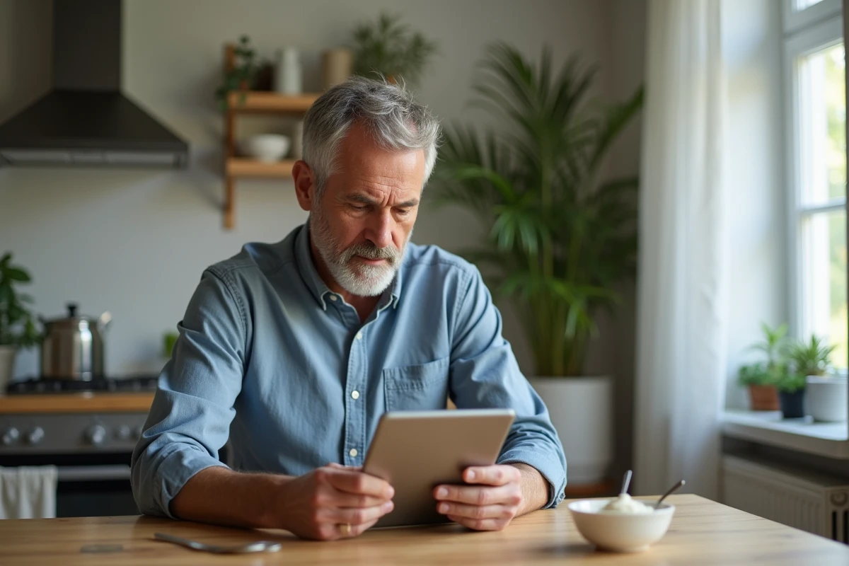 Homme consultat un tableau de nutrition à la maison