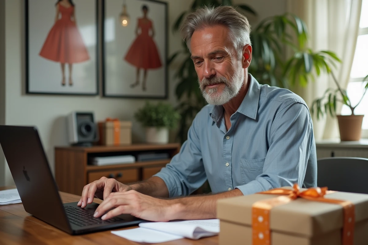 Homme d age moyen emballant des vêtements tendance dans un bureau cosy