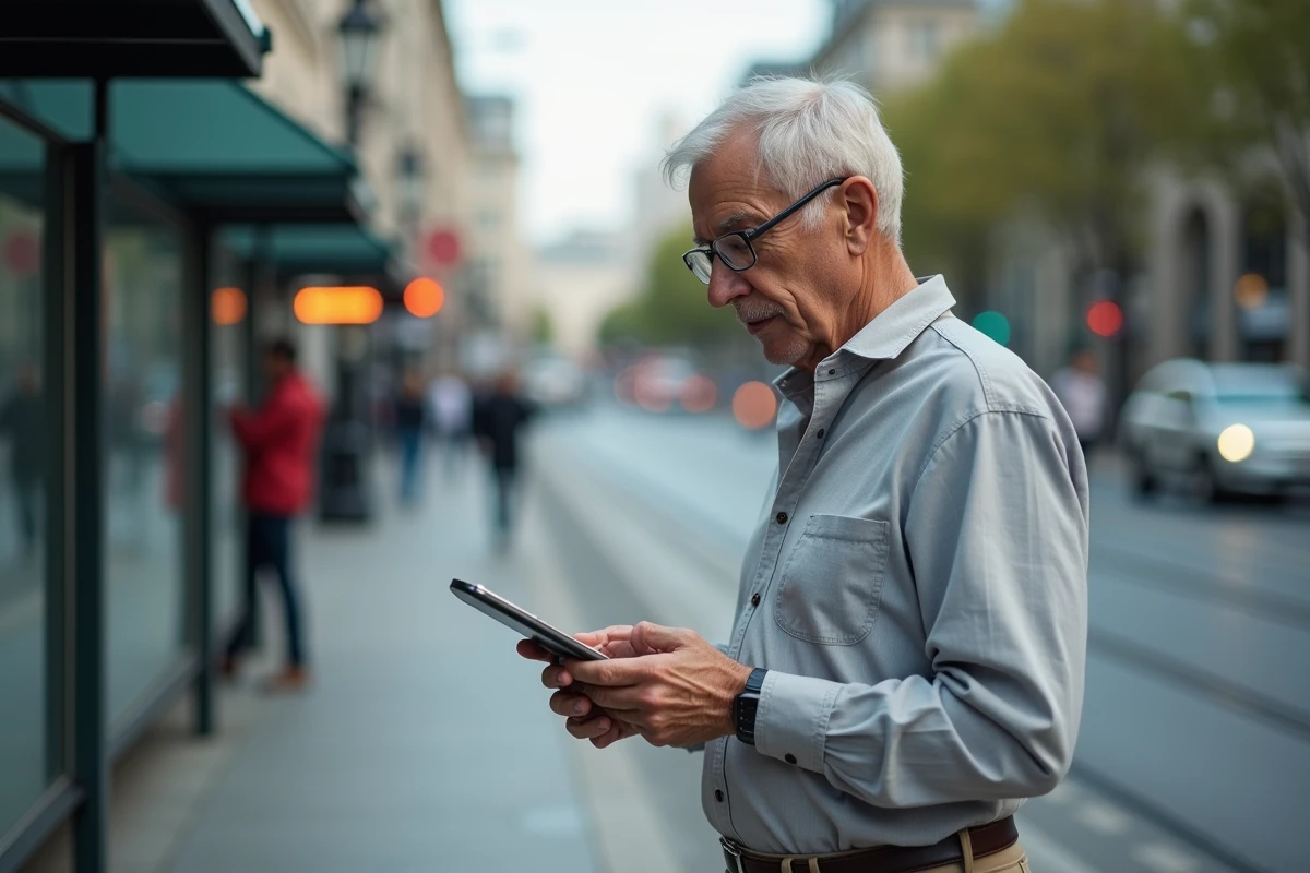 Homme âgé regardant sa tablette à un arrêt de tram en ville