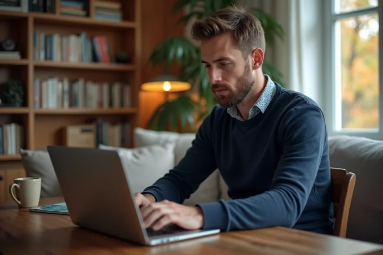 Homme concentré sur son ordinateur dans un salon cosy
