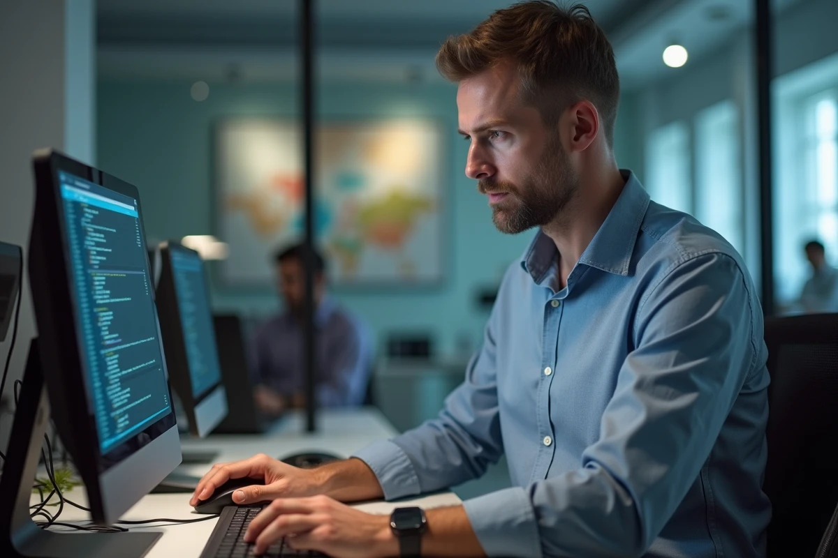 Homme en bureau moderne configurant un serveur eMule