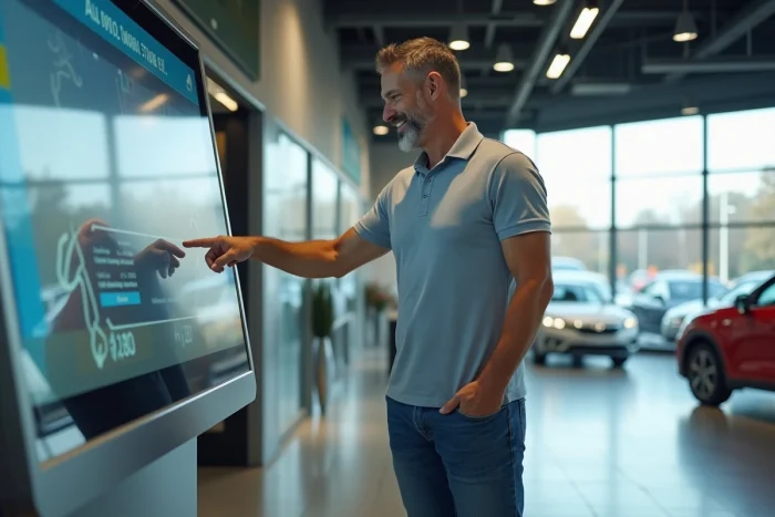 Homme d'âge moyen utilisant un kiosque dans un centre auto