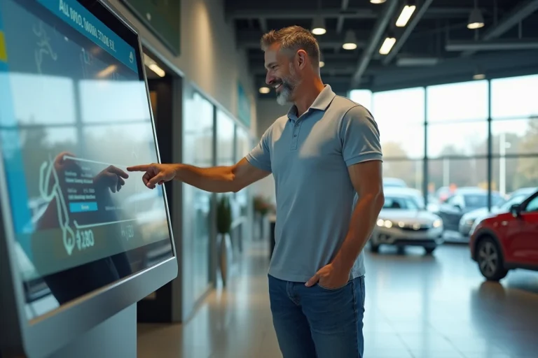 Homme d'âge moyen utilisant un kiosque dans un centre auto