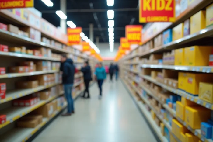 Intérieur d'un magasin en liquidation totale avec rayons vidés et panneaux de soldes affichés