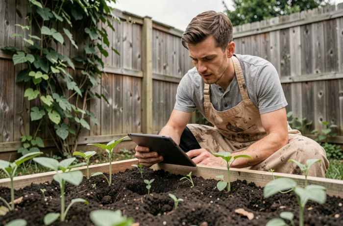 Jardinier d'une trentaine d'années accroupi devant un carré potager consulte un site de jardinage sur une tablette numérique en extérieur, avec des jeunes pousses de légumes et une clôture en bois en arrière-plan