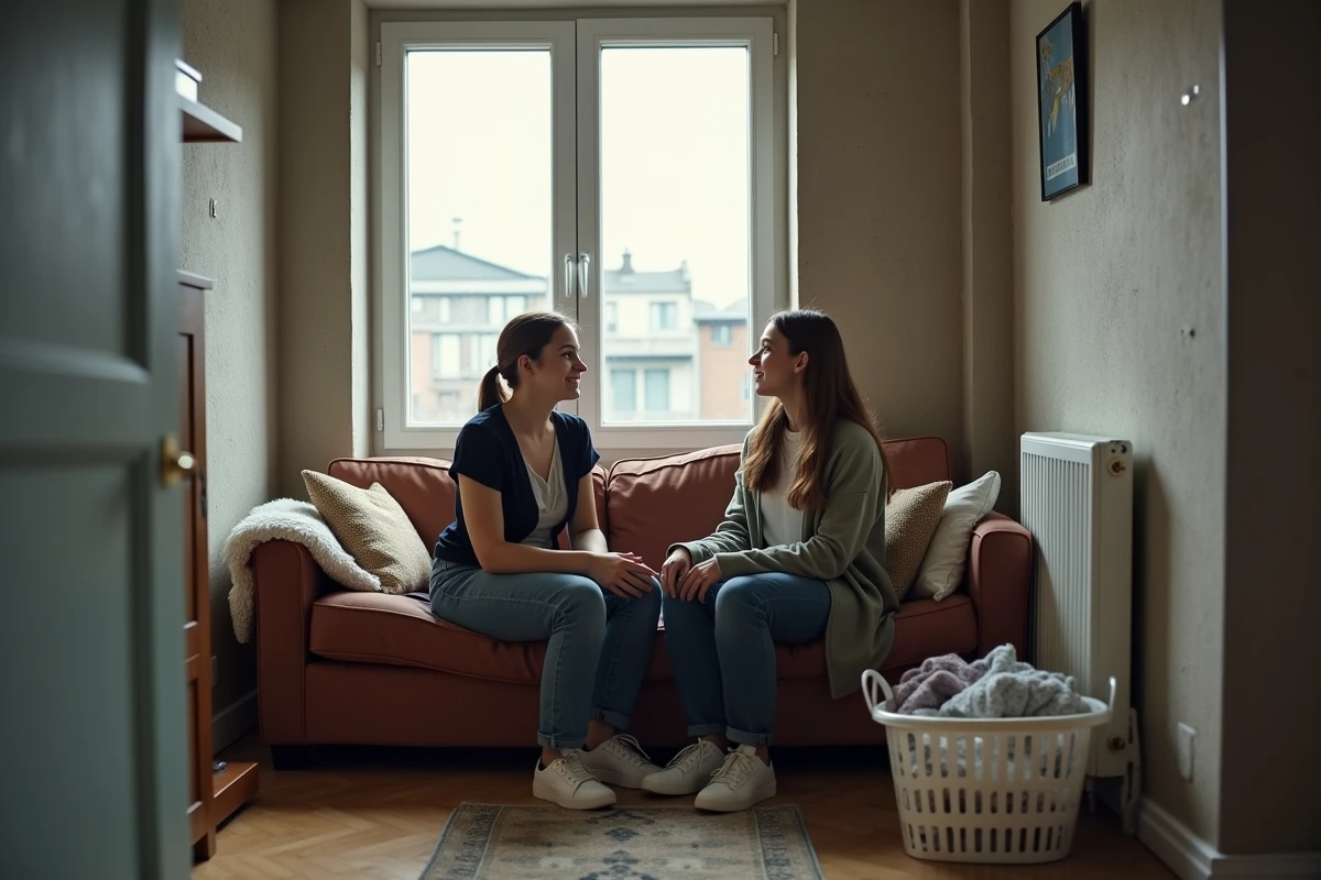 Jeune couple discutant dans un salon de logement social