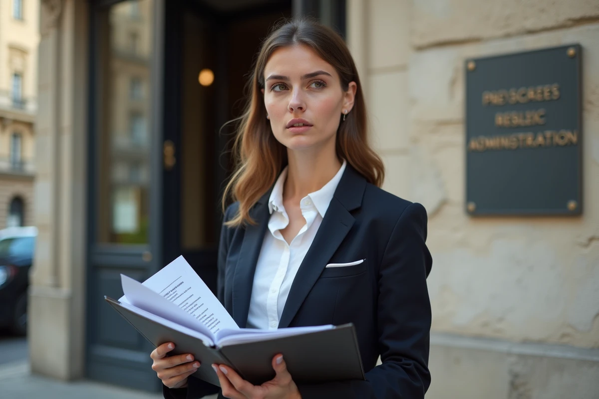 Jeune femme dehors devant un bâtiment administratif français