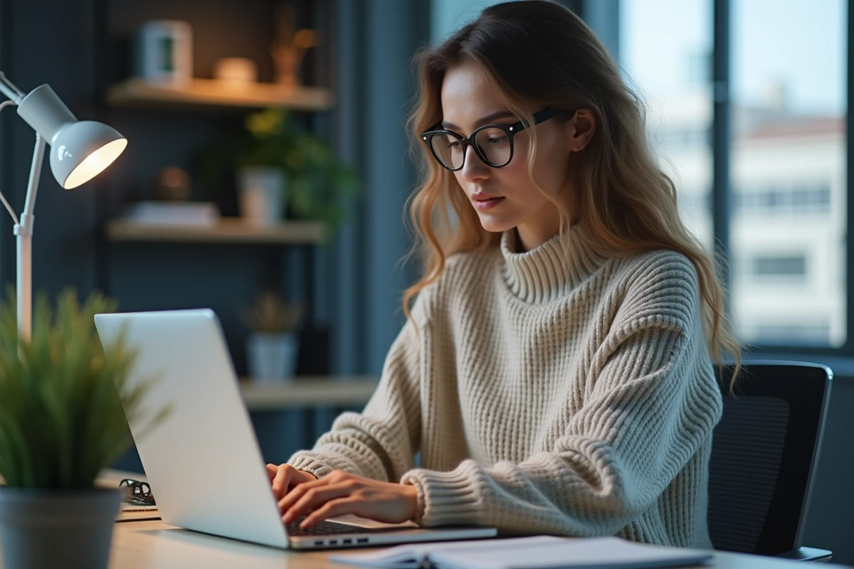 Jeune femme au bureau regardant son écran d