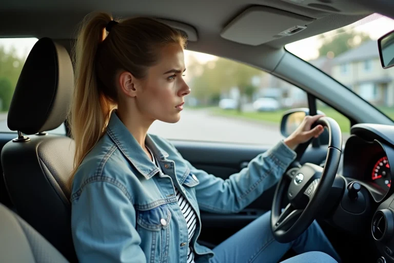 Jeune femme dans une voiture regardant le tableau de bord