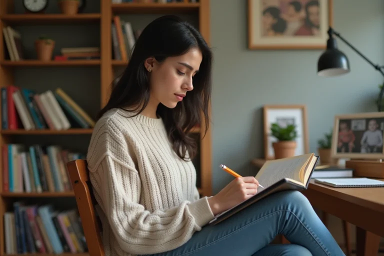 Jeune femme lisant un carnet dans un intérieur cosy