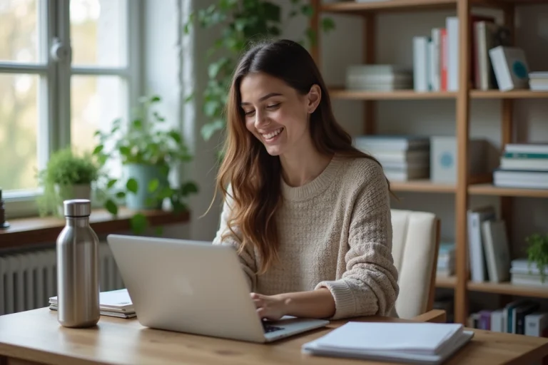 Jeune femme souriante utilisant un ordinateur portable pour accéder à MyCamEduservices