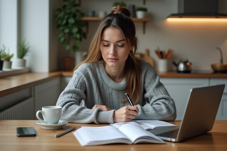 Jeune femme en sweater gris étudie à la maison
