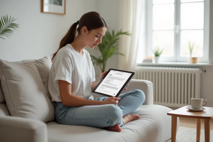 Jeune femme lisant des ressources pour améliorer sa présence en ligne sur une tablette numérique dans un salon scandinave