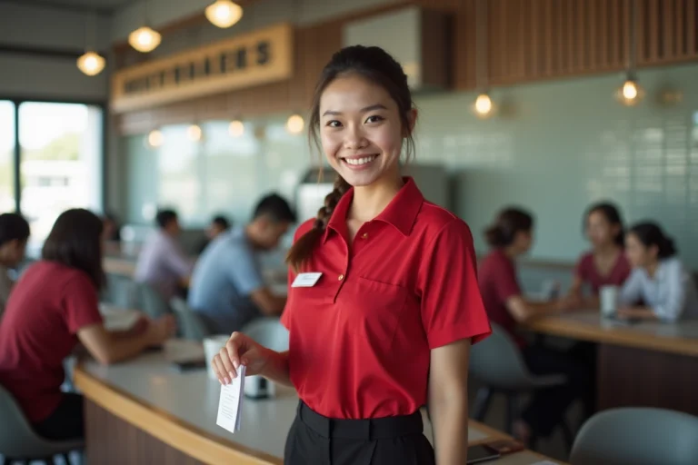 Jeune femme souriante au service dans un fastfood moderne