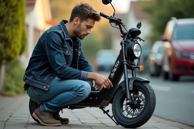 Jeune homme travaillant sur une moto électrique dans la rue