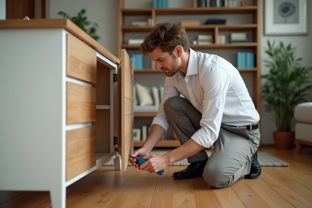Jeune homme ajustant une charniere de meuble dans un salon moderne