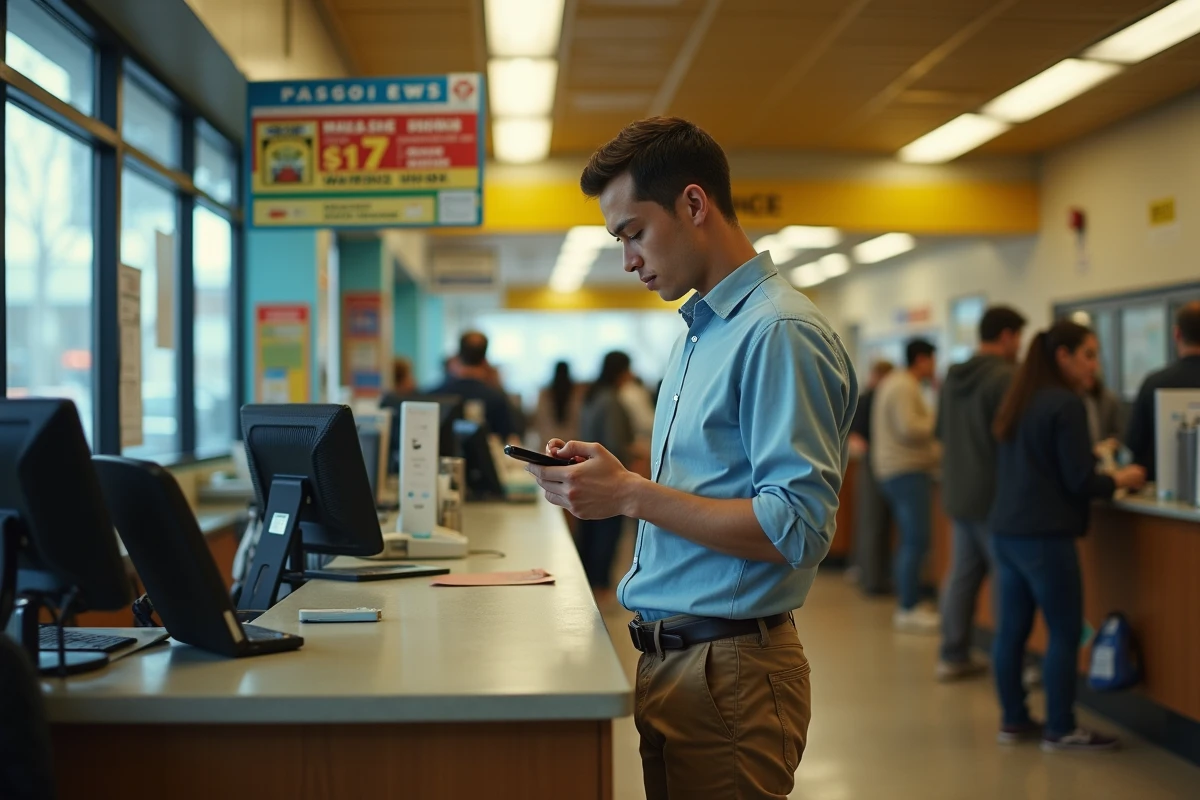 Jeune homme vérifie son téléphone à un comptoir Western Union