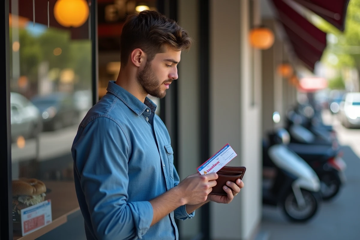 Jeune homme avec bon cadeau devant un restaurant en ville