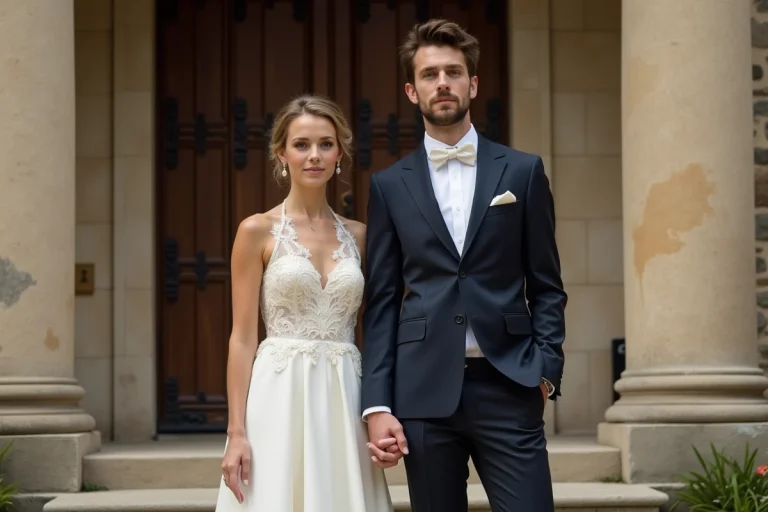 Jeune couple de mariage en tenue élégante devant une vieille église