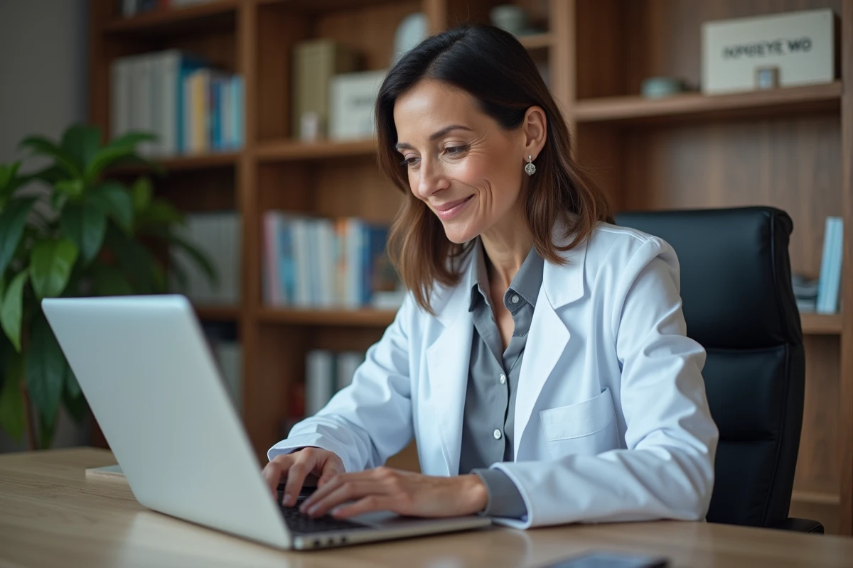 Docteur européen utilisant un ordinateur dans son cabinet