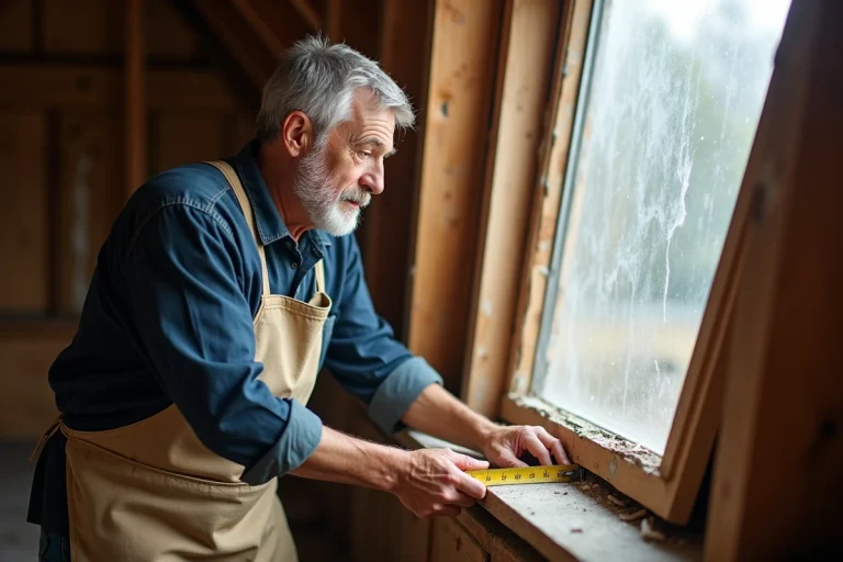 Charpentier mesurant un ancien cadre de fenêtre de toit Velux dans un grenier rénové