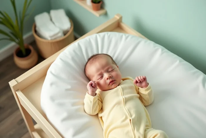 Nouveau-né somnolent en grenouillère jaune allongé sur un tapis à langer après le bain dans une chambre de bébé