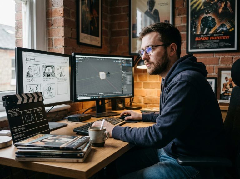 Jeune passionné de cinéma travaillant sur un logiciel d'effets spéciaux dans son studio home cinéma