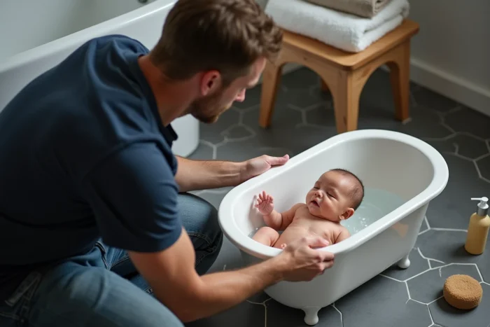 Père sortant son bébé somnolent du bain dans une salle de bain moderne avec carrelage gris