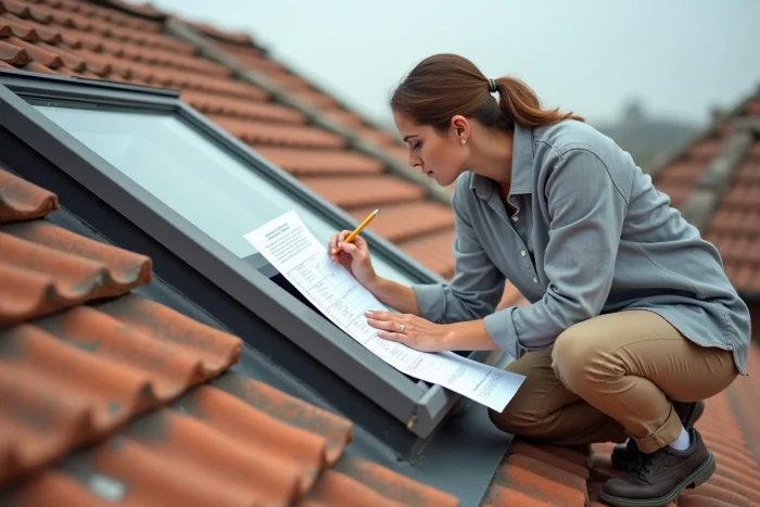 Femme comparant les dimensions d'une ancienne fenêtre Velux sur un toit en tuiles