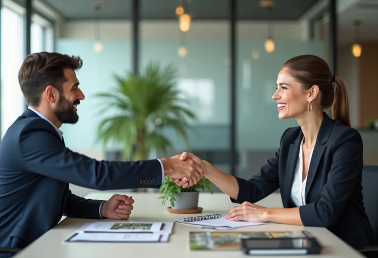 Femme d'affaires serrant la main d'un expert immobilier dans un bureau moderne