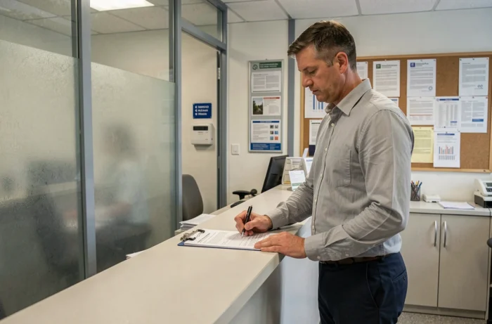 Locataire signant un contrat de bail HLM renouvelable dans un bureau d'office social