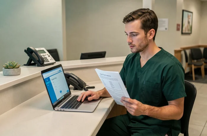 Technicien vétérinaire suivant un guide pour se connecter au logiciel GM Vet 1 sur un ordinateur portable en réception