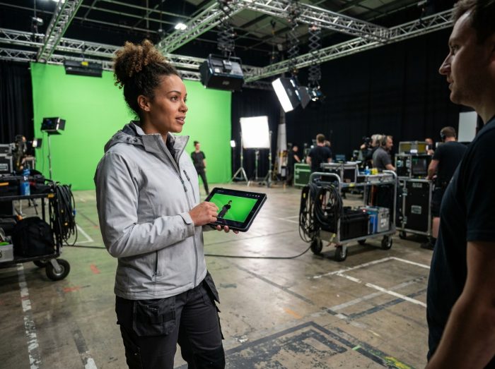 Technicienne en effets visuels sur un plateau de tournage professionnel devant un écran vert