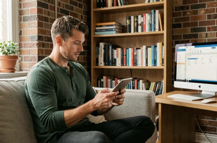 Homme utilisant une tablette et un logiciel ERP depuis un bureau à domicile aménagé