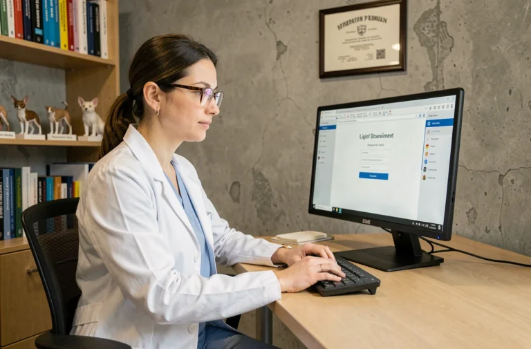 Vétérinaire femme se connectant au logiciel GM Vet 1 sur ordinateur de bureau dans une clinique vétérinaire